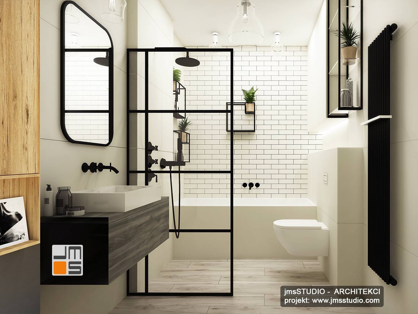 projekt wnętrz łazienki to ekskluzywne wnętrze z czarnymi bateriami dużym lustrem i białe płytki z czarne dodatki w łazience