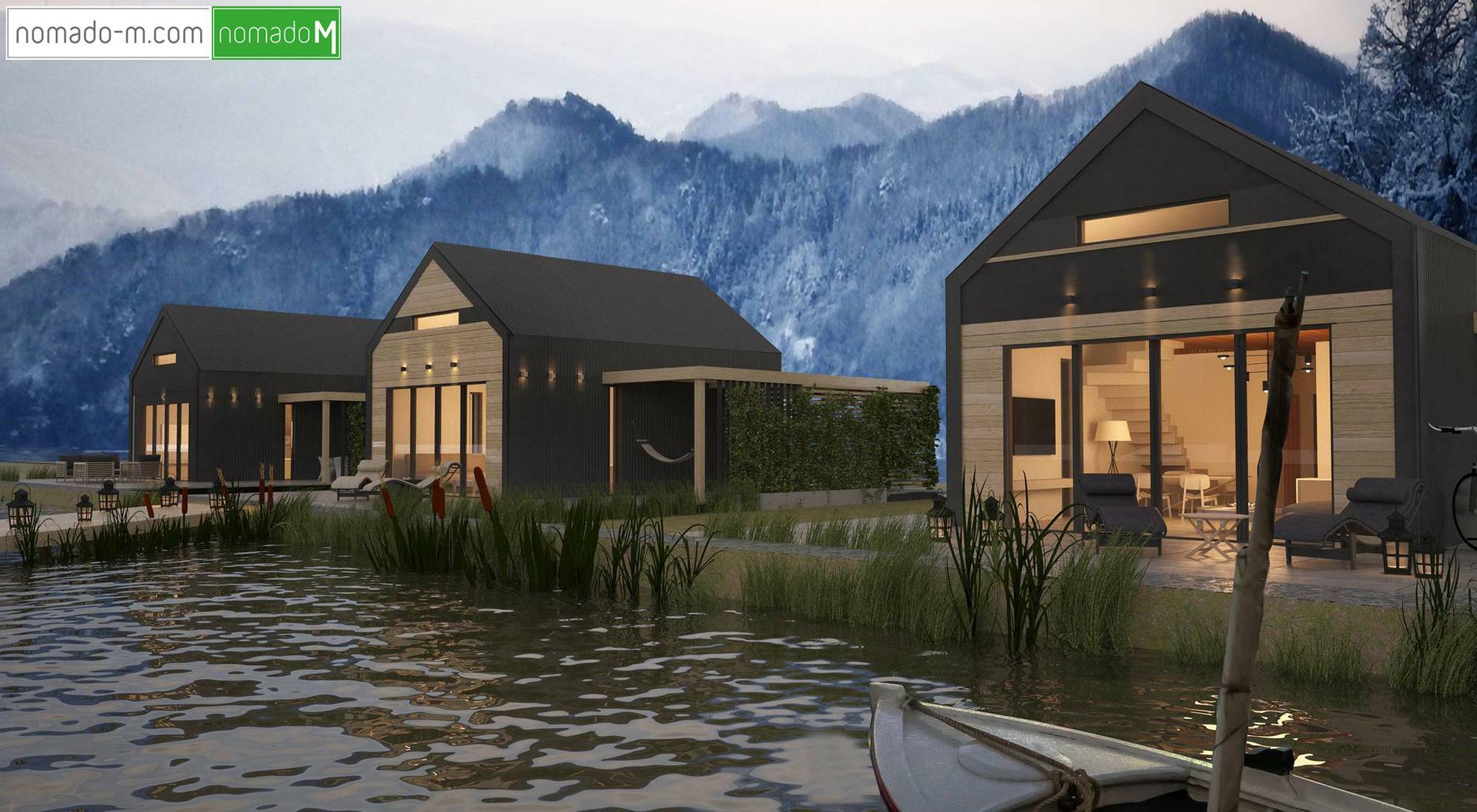 nM domy modułowe pomysł na osiedle domów modułowych Optimo nad jeziorem z elewacjami z blachy na rąbek i drewna