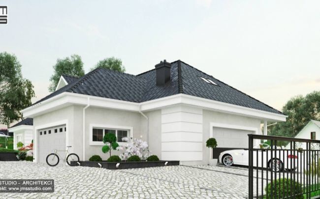 02-architekt-krakow.pl indywidualny projekt willi rezydencji w klasycznych proporcjach pod Krakowem z antracytowym dachem i jasna elewacją