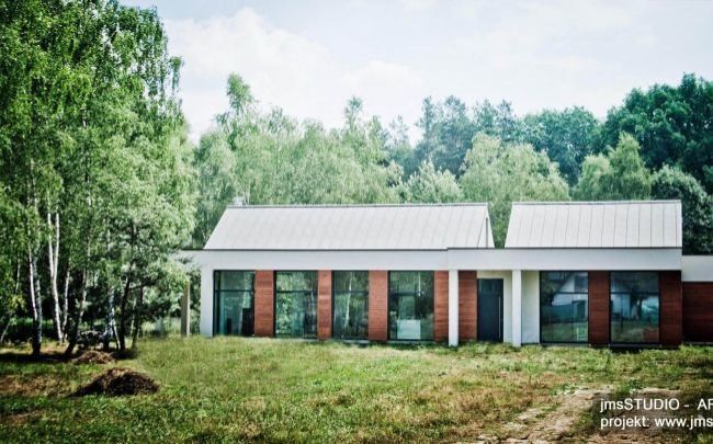 2018 06 001 architekt-krakow.pl projekt nowoczesnego domu z dużymi przeszkleniami i drewnem na elewacji pod Brzeskiem