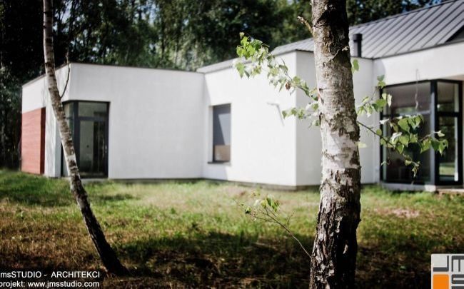 2018 06 007 architekt-krakow.pl projekt nowoczesnego domu z dużymi przeszkleniami i drewnem na elewacji zakładał jego dobre wkomponowanie w teren z drzewami pod Brzeskiem