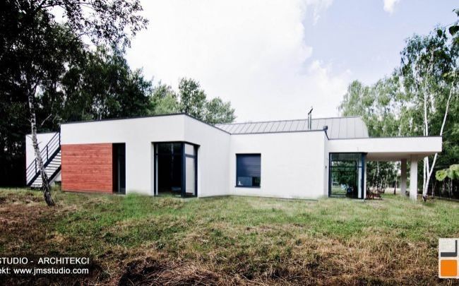 2018 06 009 architekt-krakow.pl projekt nowoczenego domu z dużymi przeszkleniami derewnem na elewacji i płaskim dachemn tarasu pod Brzeskiem