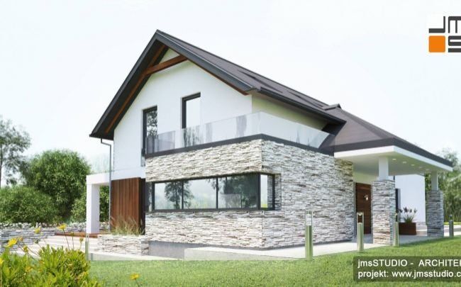 2018 07 architekt-krakow.pl - Nowy Targ - projekt nowoczesnego domu na działce ze spadkiem z kamieniem i drewnem na elewacji