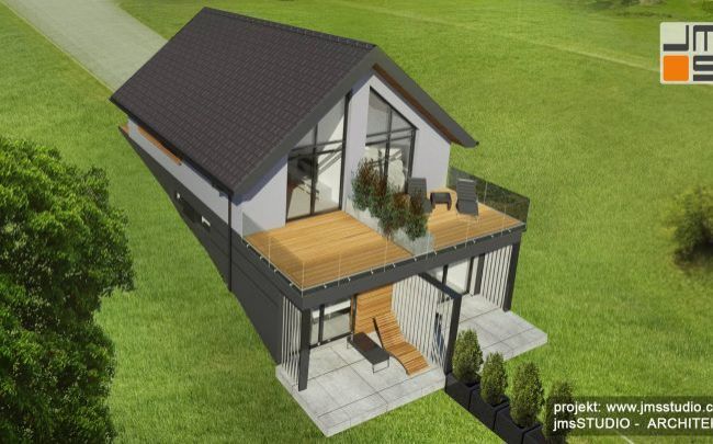 architekt kraków projekt indywidualny domu jednorodzinnego bliżniak na dużym spadku z drewnianym tarasem z widokiem