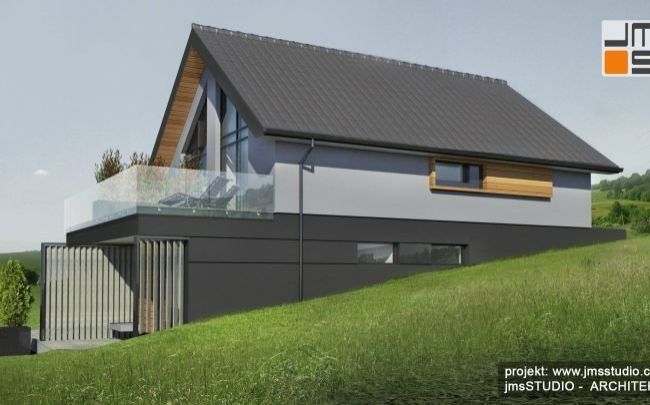 architekt kraków projekt indywidualny domu jednorodzinnego bliżniak na dużym spadku z pergolą i drewnem na elewacji