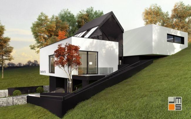 Schody terenowe dodatkowo podkreślają piękną prostą bryłę nowoczesnego projektu domu w Krakowie - Balicach