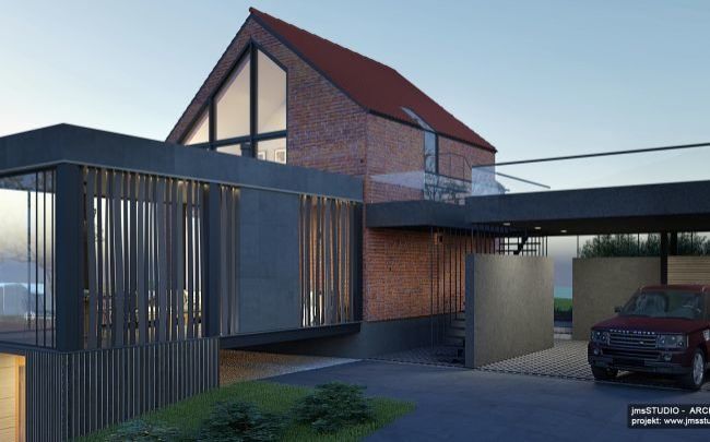 Projekt nowoczesnego domu z cegły z zadaszonym tarasem i wiatą to pomysł na dom wypoczynkowy na Mazurach