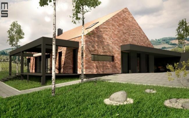 Projekt nowoczesnego domu typu nowoczesna stodoła  to piękny dom z cegły z czarnymi żaluzjami zewnętrznymi i antracytową stolarką aluminiową