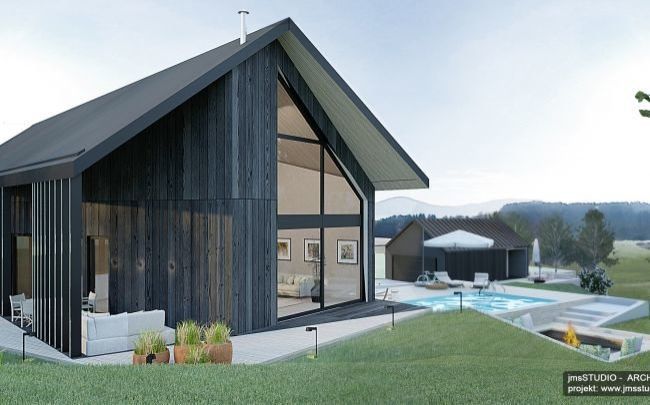 Proejkt nowoczesnego domu czarna stodoła z drewnianą elewacją i nietypowy dach dwuspadowy