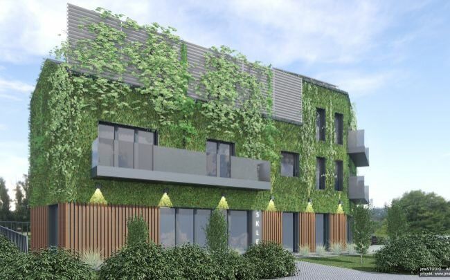 Piękna ekologiczna zielona elewacja z roślin to projekt budynku usługowo mieszkalnego z drewnianymi dekoracyjnymi lamelami