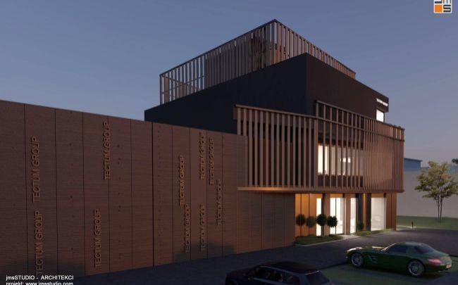 projekt nowoczesnego biurowca z halą magazynową to pomysł na elewacje budynku biurowo usługowego z żaluzjami pionowymi