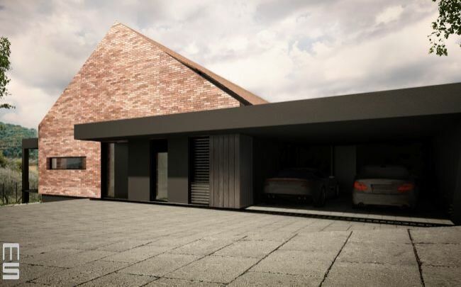 Projekt nowoczesnego domu typu nowoczesna stodoła  to piękny dom z cegły z czarnymi żaluzjami zewnętrznymi i antracytową stolarką aluminiową