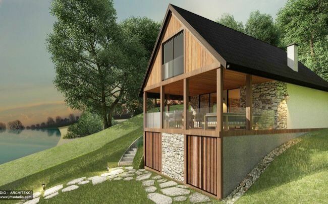 Pomysł na pionowe żaluzje drewniane zasłaniające garaż dla motorówki i saunę to pomysł na projekt indywidualny domu nad jeziorem
