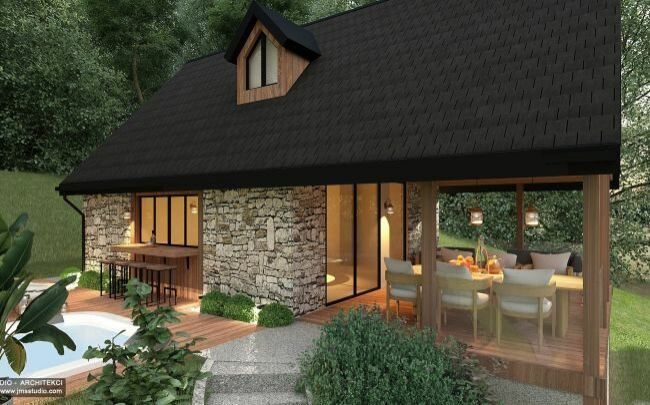Projekt indywidualny domu nad jeziorem z dużym tarasem drewnem na elewacji i czarnym dachem z blachy typu gont