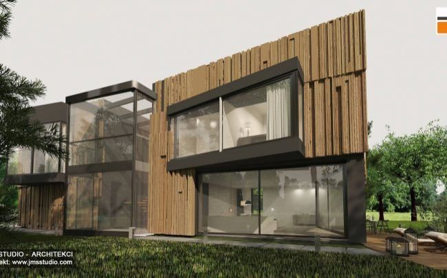 Nowoczesny proejkt domu jednorodzinnego z drewno na elewacji w Katowice na Śląśk to pomysł na projekt od architekt Kraków