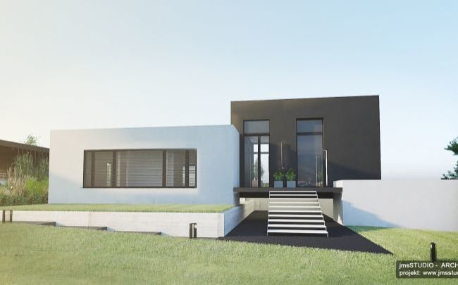 Prosty minimalistyczny elegancki i ponadczasowy projekt nowoczesnego domu z płaskim dachem i biało czarną elewacją