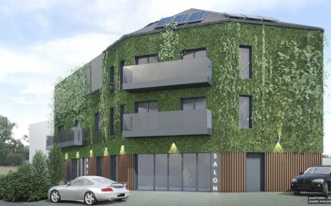 duże aluminiowe okna i dekoracje z drewna to pomysł na indywidualny projekt budynku usługowo mieszkalnego z nowoczesną zieloną eko elewacją