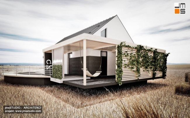 projekt nowoczesny dom modułowy z pergolą drewnianą i żaluzjami na tarasie na wsi architekt Katowice