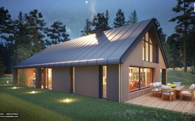 Prosta efektowna elewacja z dużymi oknami tynkiem i ciemnym dachem to prosty i efektowny pomysł na nowoczesny projekt indywidualny domu w Rzeszowie