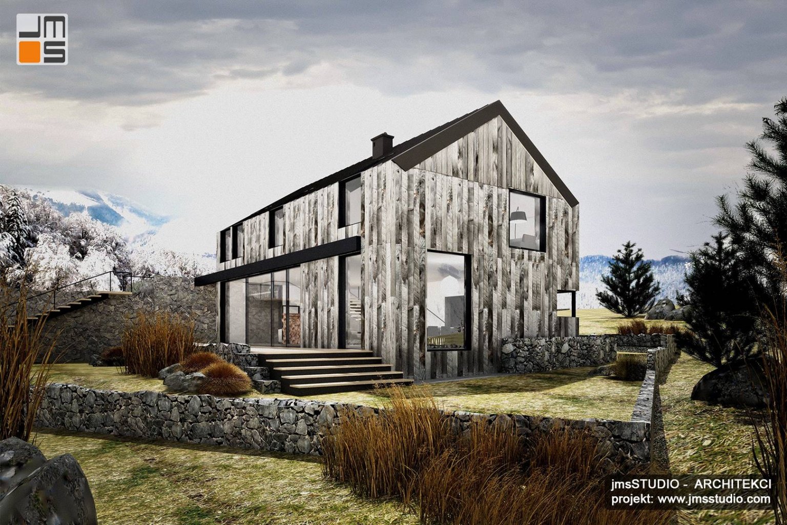 Surowy i prosty - projekt domu nowoczesna stodoła dom w górach pod tatrami w stylu skandynawskim z drewno i kamień na elewacji z duże okna w Nowy Targ