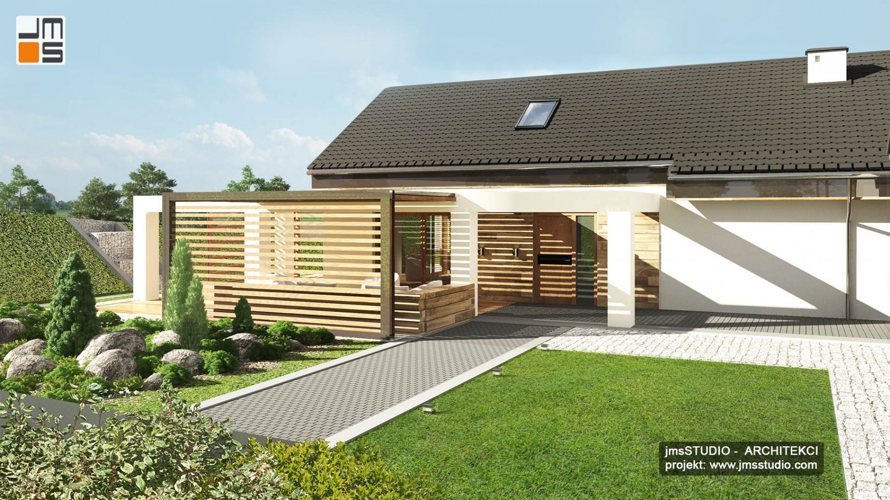 duża drewniana pergola osłania drewniany taras w nowoczesny projekt domu dla rolnika w siedlisku od architekt Kraków - Śląsk