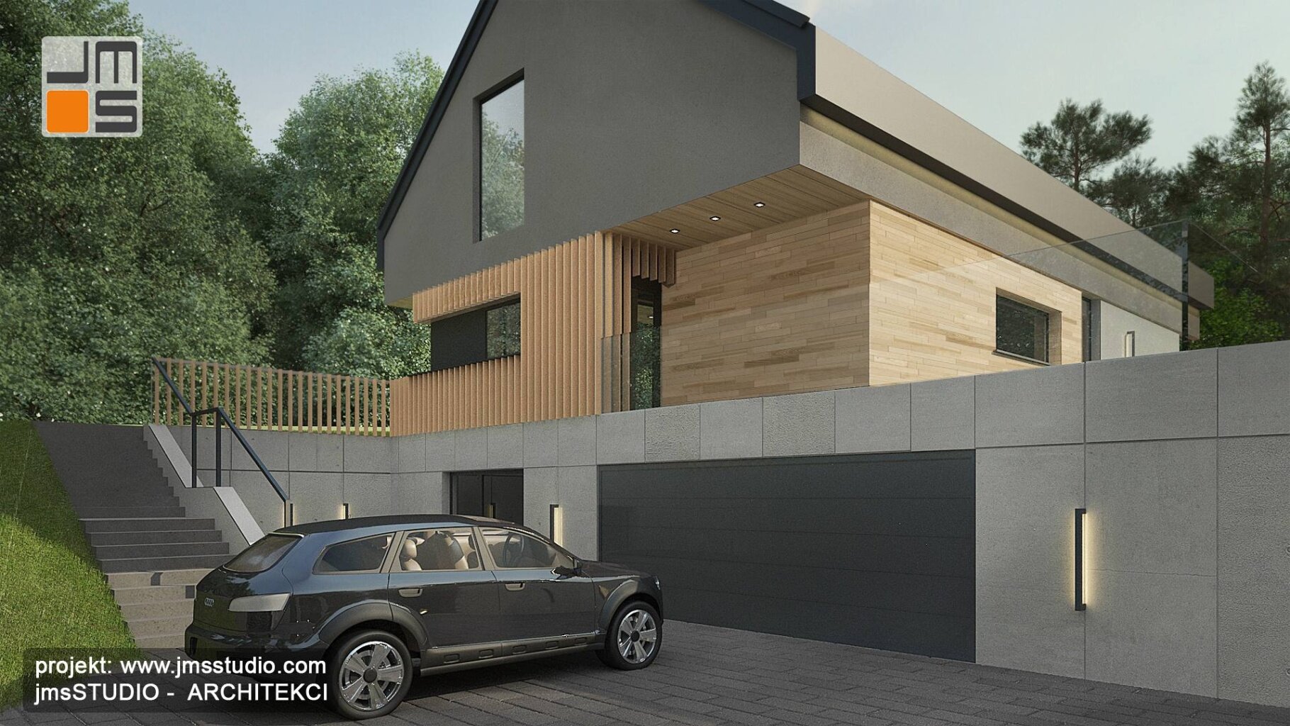 Indywidualny projekt nowoczesnego domu w Nowym Sączu to eleganckie połączenie betonu architektonicznego i drewna w projekcie elewacji prostego domu z basenem i dachem dwuspadowym typu nie nowoczesna stodoła