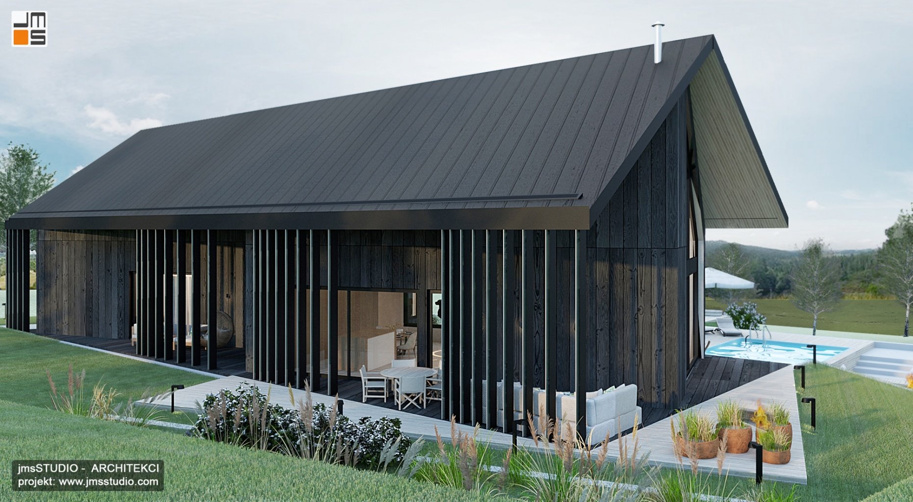 Projekt nowoczesnego domu na spadku w Bielsku stodoła z pomysłem na elewacja z  drewna palonego duża pergola i dach dwuspadowy asymetryczny