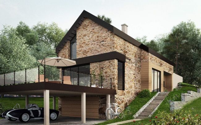 Projekt nowoczesnego domu w górach na działce ze spadkiem nowoczesna architektura elewacja z kamienia - Bielsko Biała