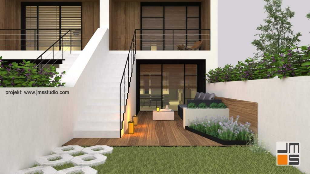 Projekt tarasu przy domu jednorodzinnym w zabudowie szeregowej z drewnem tarasowym i elementami z bbetonu architektonicznego