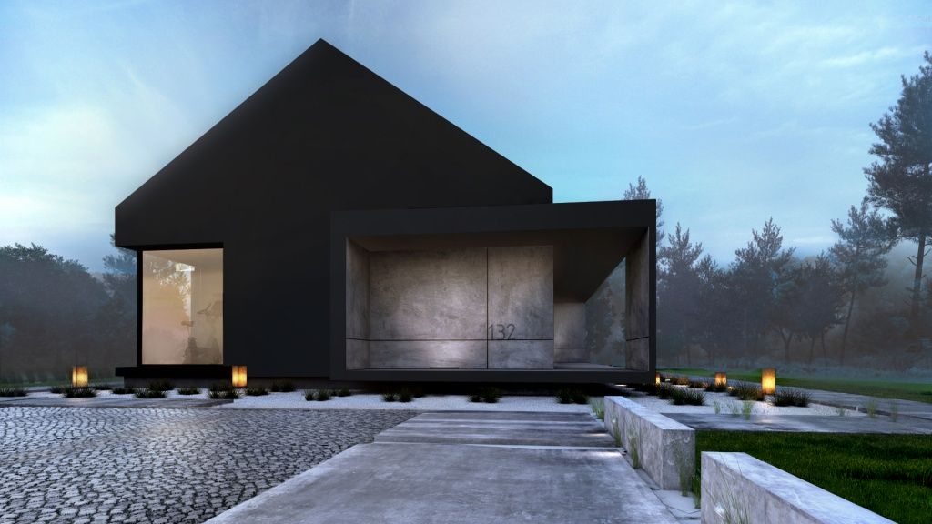 Połaczenie kolorów antracytowego i szarego betonu na nowoczesnej elewacji daje bardzo ciekawy efekt wizualny w projekciew nowoczesnego domu jednorodzinnego