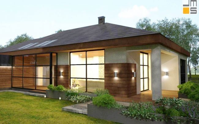 Indywidualny projekt nowoczesnej eleganckiej Willi podmiejskiej z dachem kopertowym, dużymi oknami industrialnymi i drewnem na elewacji w okolicy Katowic na Śląsku
