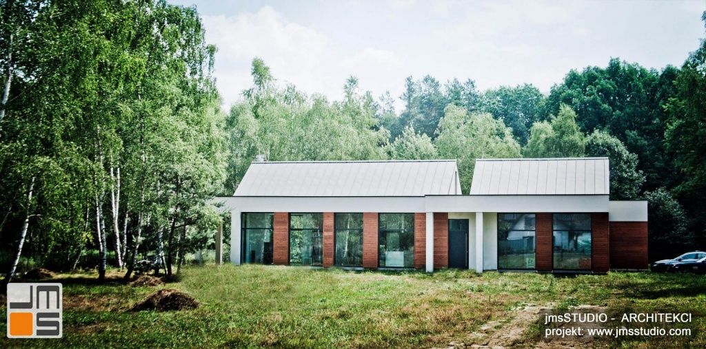 projekt nowoczesnego domu z dużymi przeszkleniami i drewnem na elewacji pod Brzeskiem