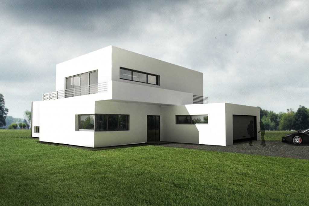 Prosty dom z białą elewacją i nowoczesnymi oknami, J11