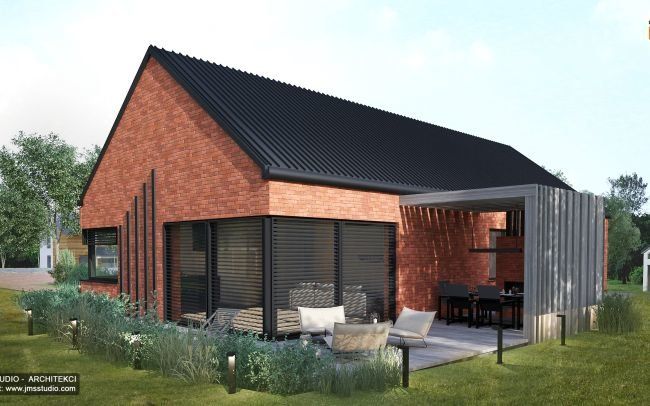 Kochamy domy z cegły - prosty i nowoczesny projekt domu z cegły z ciekawymi elewacjami detalem z lameli i antracytowym dachem  o pięknej klasyczne bryle to ponadczasowy indywidualny projekt domu