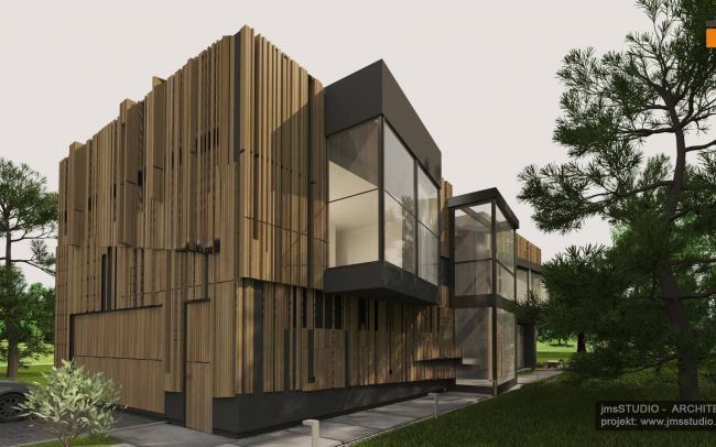 Inny niż wszystkie - projekt nowoczesnego domu z drewnianą elewacją i dużymi oknami w Katowicach na Śląsku