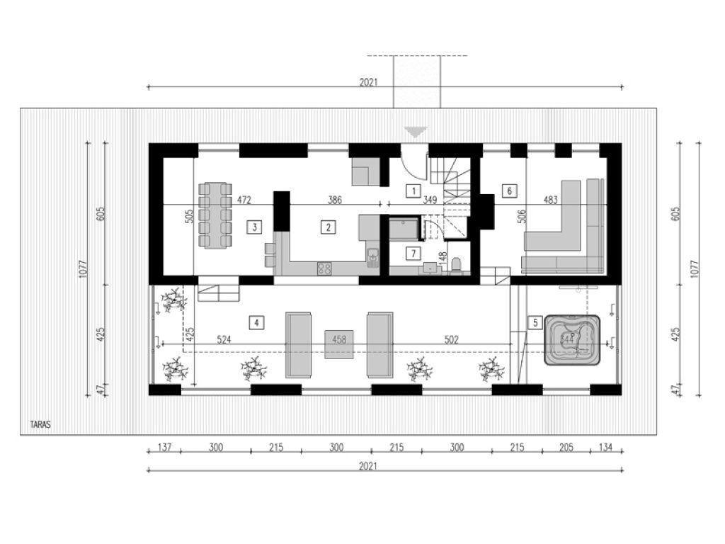 Plan funkcjonalny nowoczesnego domu jednorodzinnego parter