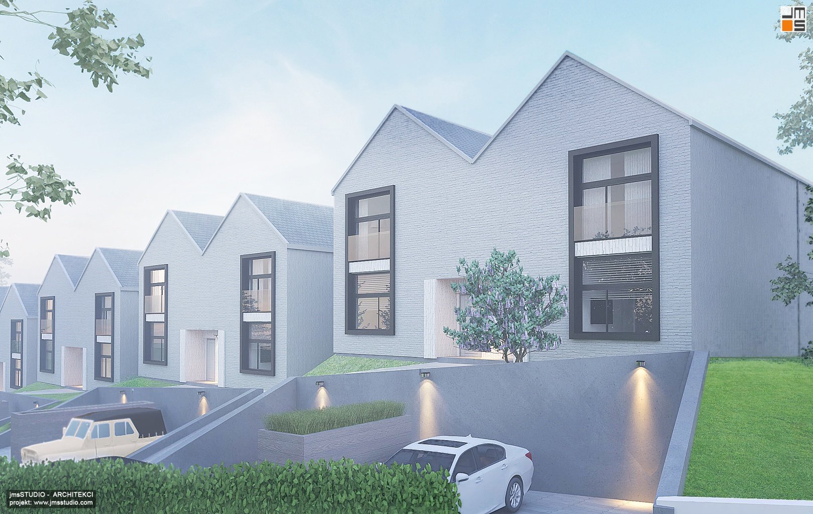 Elegancka elewacja z białej cegły z czarnymi akcentami to projekt nowoczesnego osiedla domów typu bliźniak pod Krakowem z prostymi bryłami i dachami dwuspadowymi na działce ze spadkiem