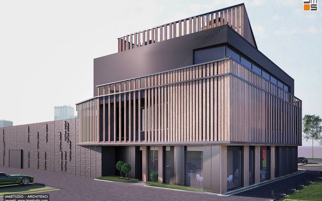 Piękny projekt nowoczesny budynek biurowy z halą magazynową oraz ciekawym pomysłem na żaluzje pionowe na elewacji i taras zielony na dachu biurowca